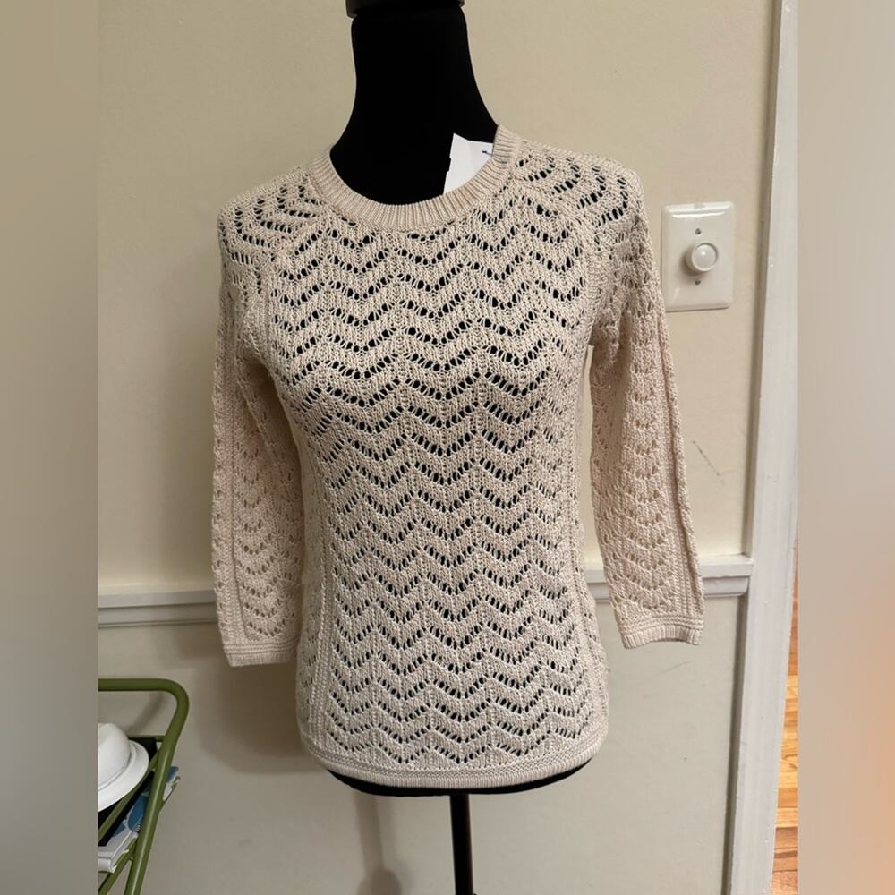 Club Monaco open stitch crochet tan-off white crew long sleeve‎ women Sweater XS